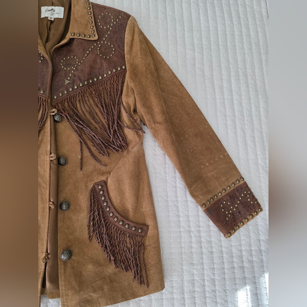 Womans Scully Leather Western Jack Two-Tone Brown Suede Fringe Stud Jacket - Picture 3 of 9